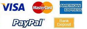 We accept: Visa, MasterCard, American Express, Bank Deposit, Paypal